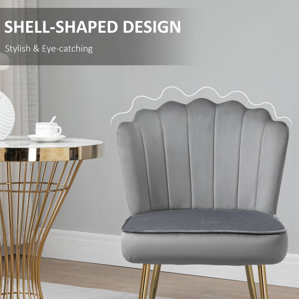 Grey velvet-feel Shell Luxe accent chair by Homcom with metal legs, perfect for home bedroom lounge settings.