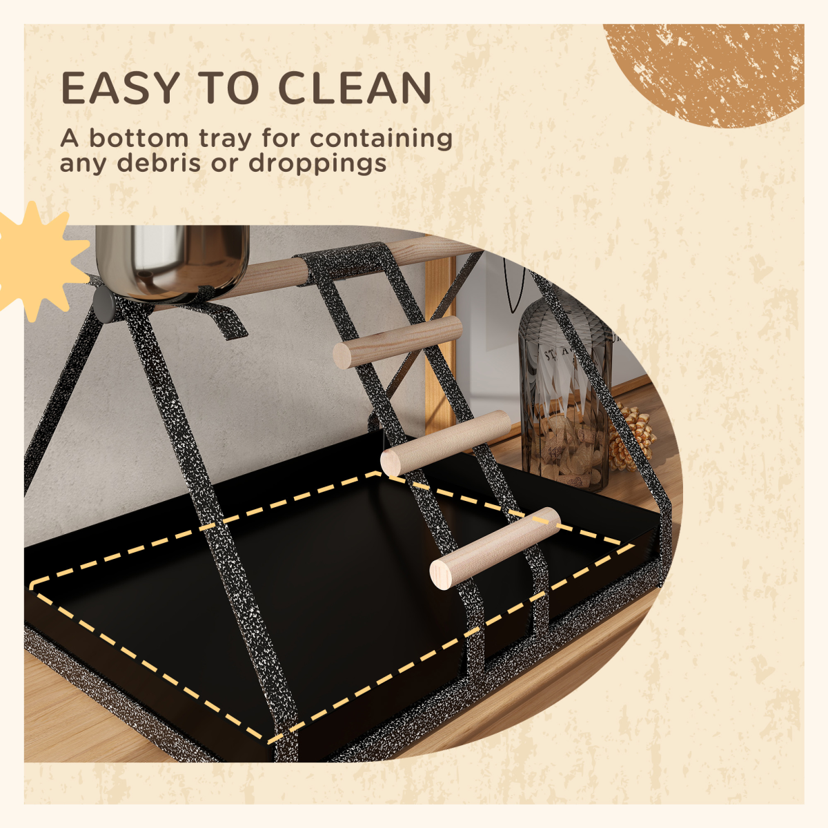 Portable Bird Stand Resting Stainless Steel Base Perch Ladder Bowls