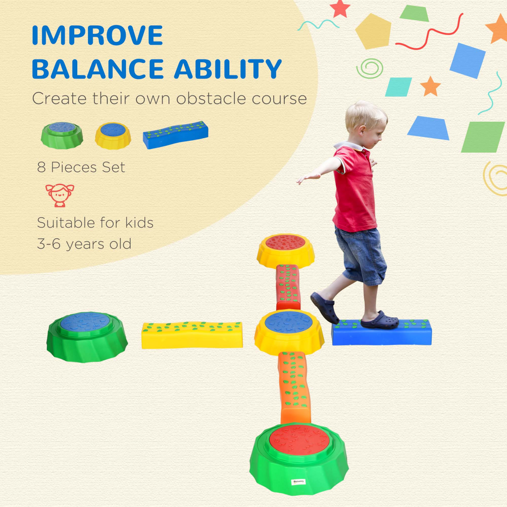Eight-piece kids stepping stones with a non-slip surface, colorful design, and durable construction for outdoor play.