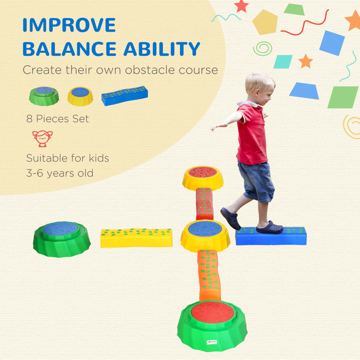 Eight-piece kids stepping stones with a non-slip surface, colorful design, and durable construction for outdoor play.