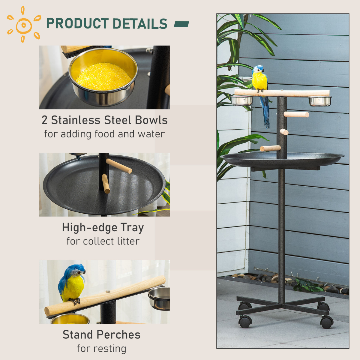 Portable bird play stand by Pawhut featuring wooden perches and bowls for feeding and playtime.