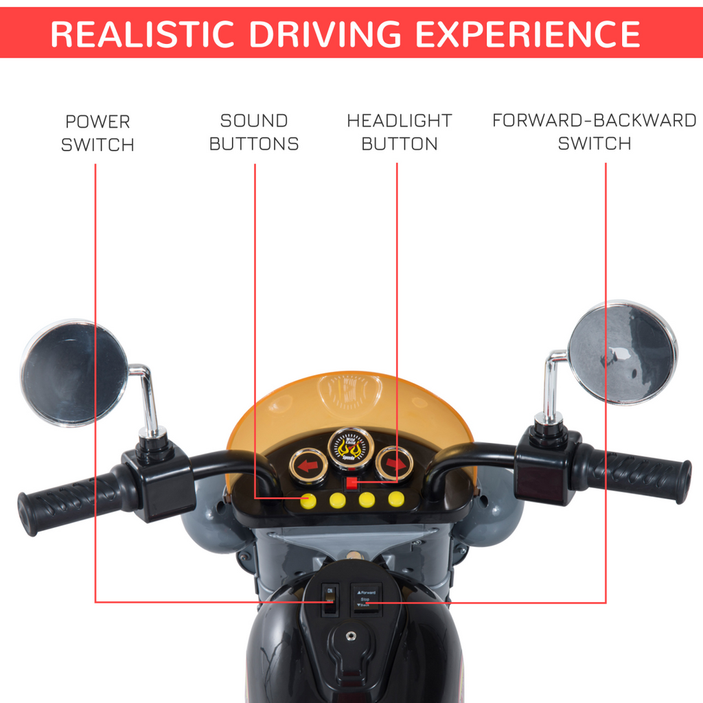 Black 6V electric motorbike for kids, 3-wheel design with lights and sound, suitable for ages 3-6.