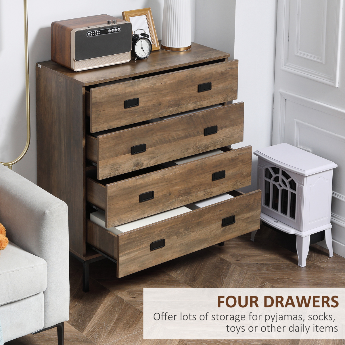 Rustic wood effect 4 drawer chest of drawers by HomeCraft, suitable for bedroom and living room storage.