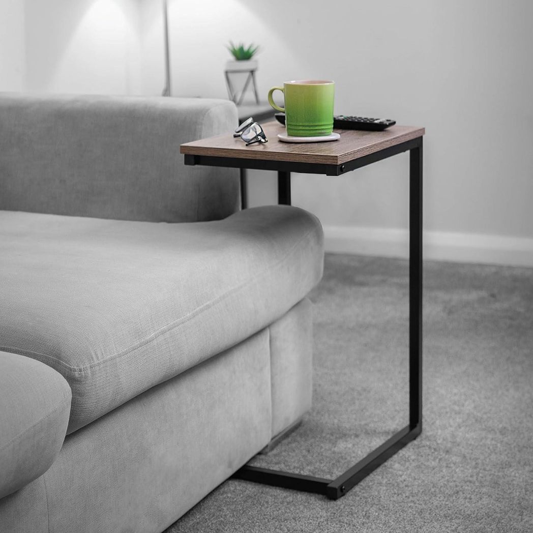C shaped side table with black powder coating and steel frame, showcasing 25kg capacity and sleek design.