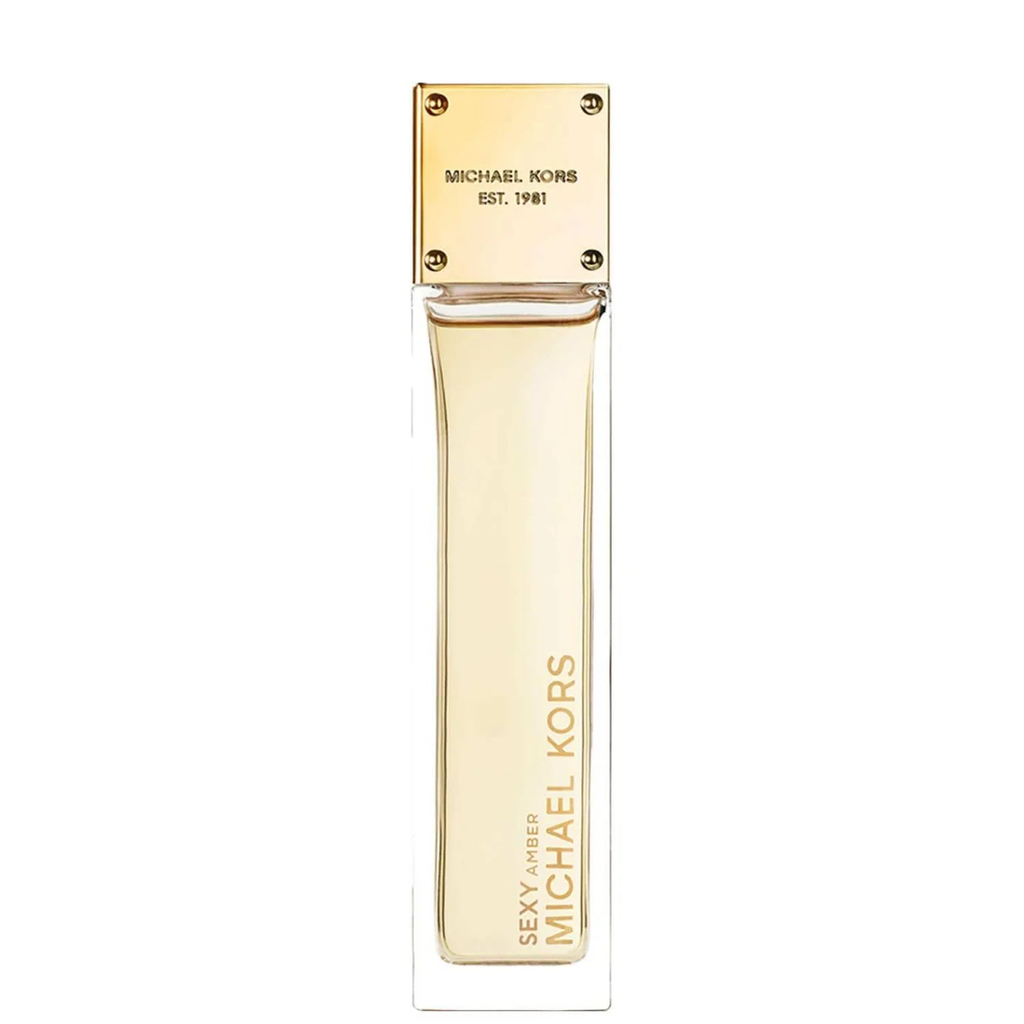 Michael Kors Sexy Amber Eau De Parfum Spray 100ml bottle with elegant design, showcasing the fragrance's warm amber hue.