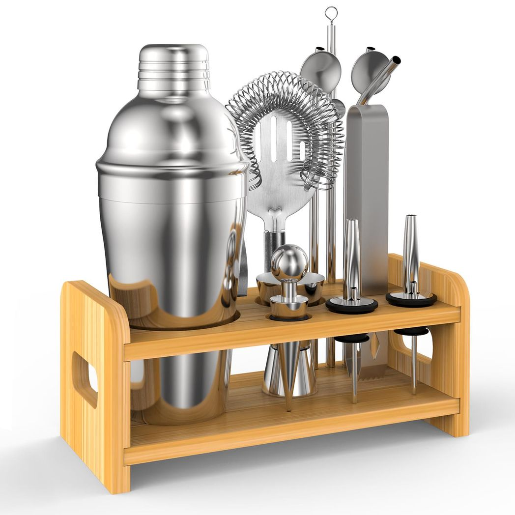 15-piece stainless steel cocktail shaker set by Vinsani, featuring various bartending tools and accessories.