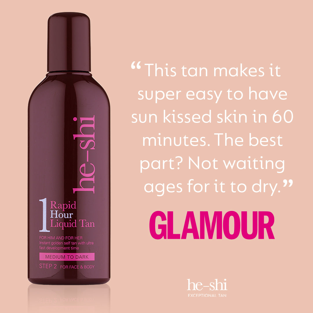 He-Shi Rapid 1 Hour Liquid Self Tan in Medium to Dark shade, showcasing the bottle and its quick-dry formula.