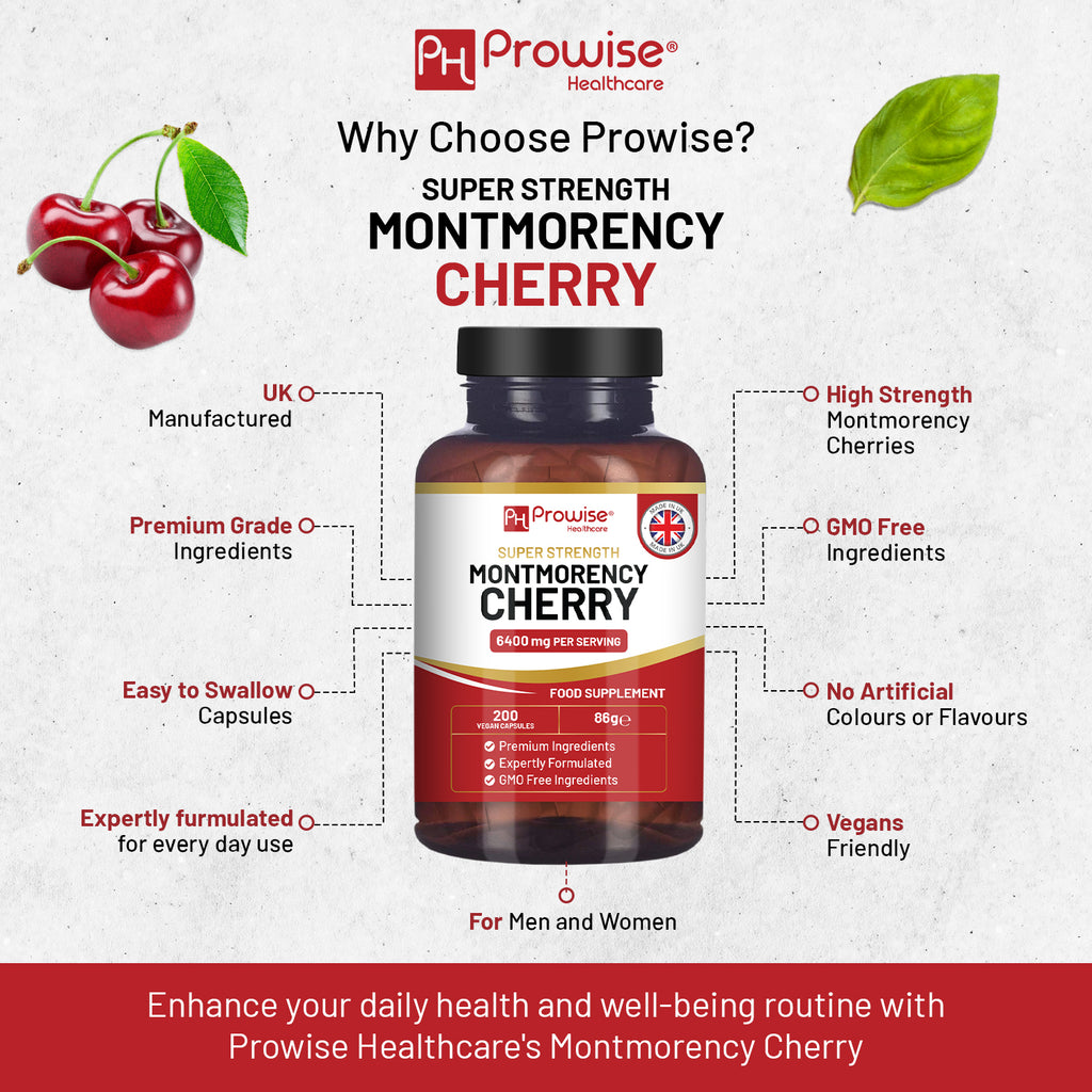 GlowCare Montmorency Cherry 6400mg capsules, 200 tart cherry extract supplements in a clear bottle.