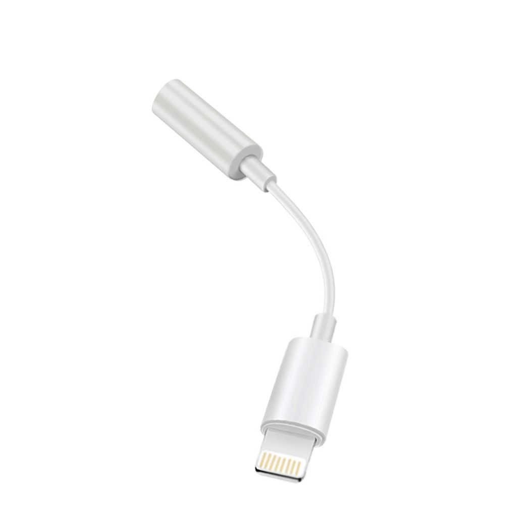 White FX Lightning to 3.5mm earphone converter adapter with premium sound quality, showcased against a neutral background.