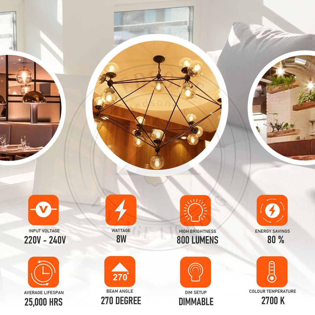 Ledsone LED Edison bulbs in vintage amber glass, E27 dimmable, 2700K, displayed in a pack of two.