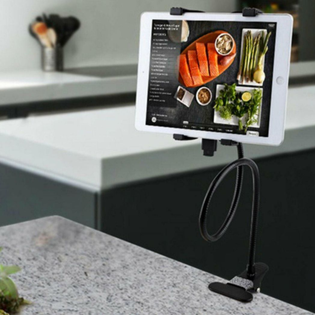 Red 360 Degree Clamp Tablet Holder by Aquarius, adjustable design for smart devices, showing clamp and tablet in use.