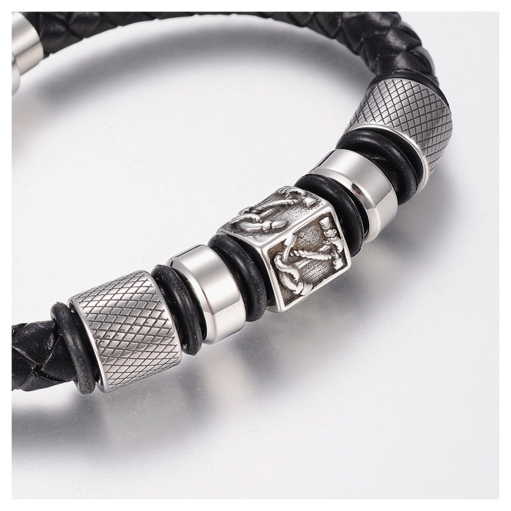 Men's LuxeTime nautical leather bracelet with faux pleated design and magnetic clasp, showcasing a stylish dark finish.