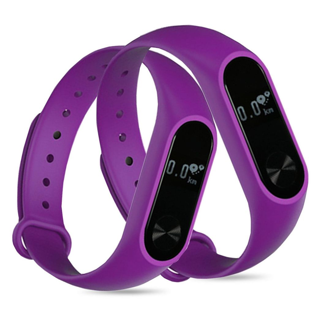 Purple Aquarius Fitness Tracker with heart rate monitor and OLED display on a white background.