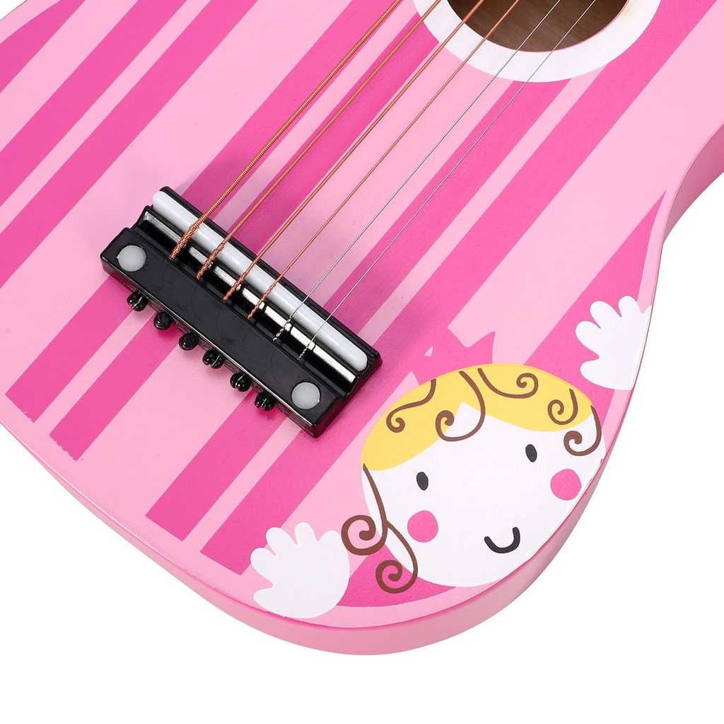 SOKA pink striped wooden guitar toy for pretend play, designed for toddlers and kids, fostering early musical development.