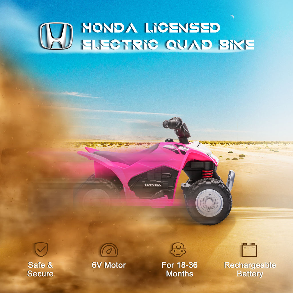 Honda licensed pink kids electric quad bike by HOMCOM for ages 1.5-3 years, featuring sturdy design and safe ride-on fun.