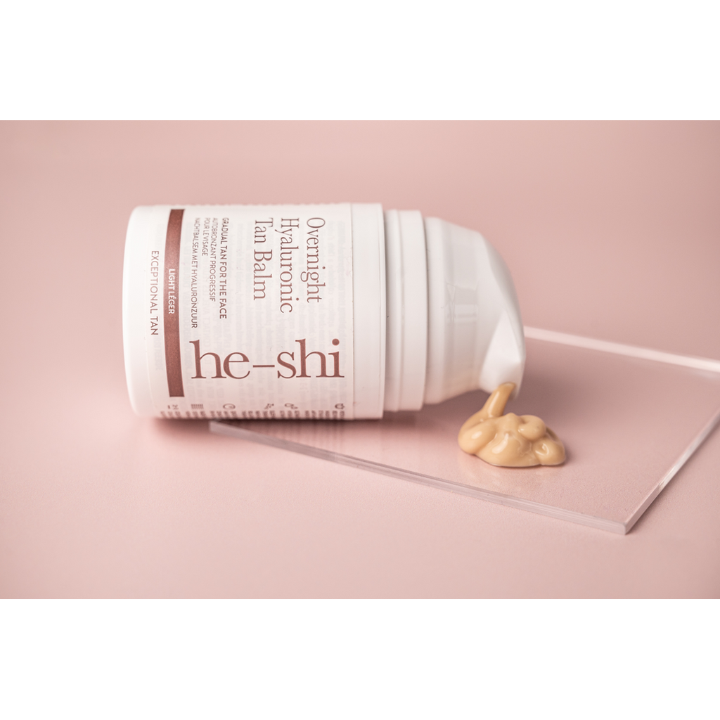 He-Shi Overnight Hyaluronic Self Tan Balm in 50ml jar, designed for a relaxing facial night tan and glowing skin.