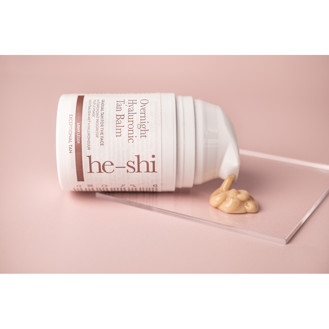 He-Shi Overnight Hyaluronic Self Tan Balm in 50ml jar, designed for a relaxing facial night tan and glowing skin.