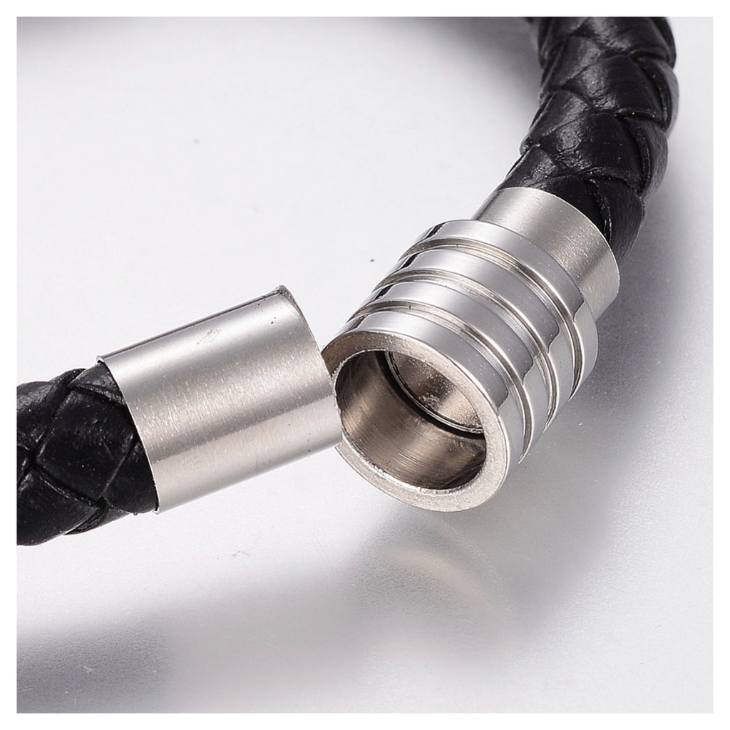 Men's Nautical Leather Bracelet by LuxeTime, featuring faux pleated design and magnetic clasp in a close-up image.