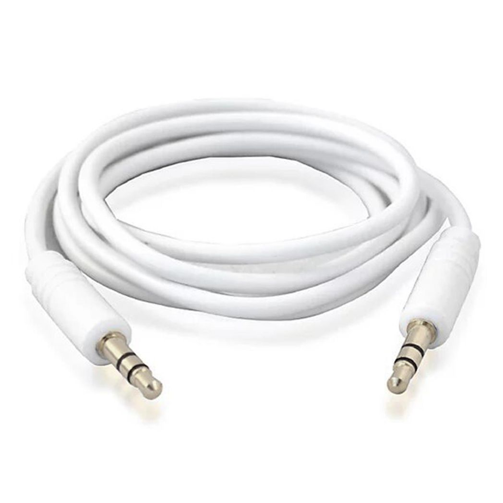 3.5mm stereo AUX audio cable in white, 1 metre long, by GVC, showcasing connectors and flexible cable design.