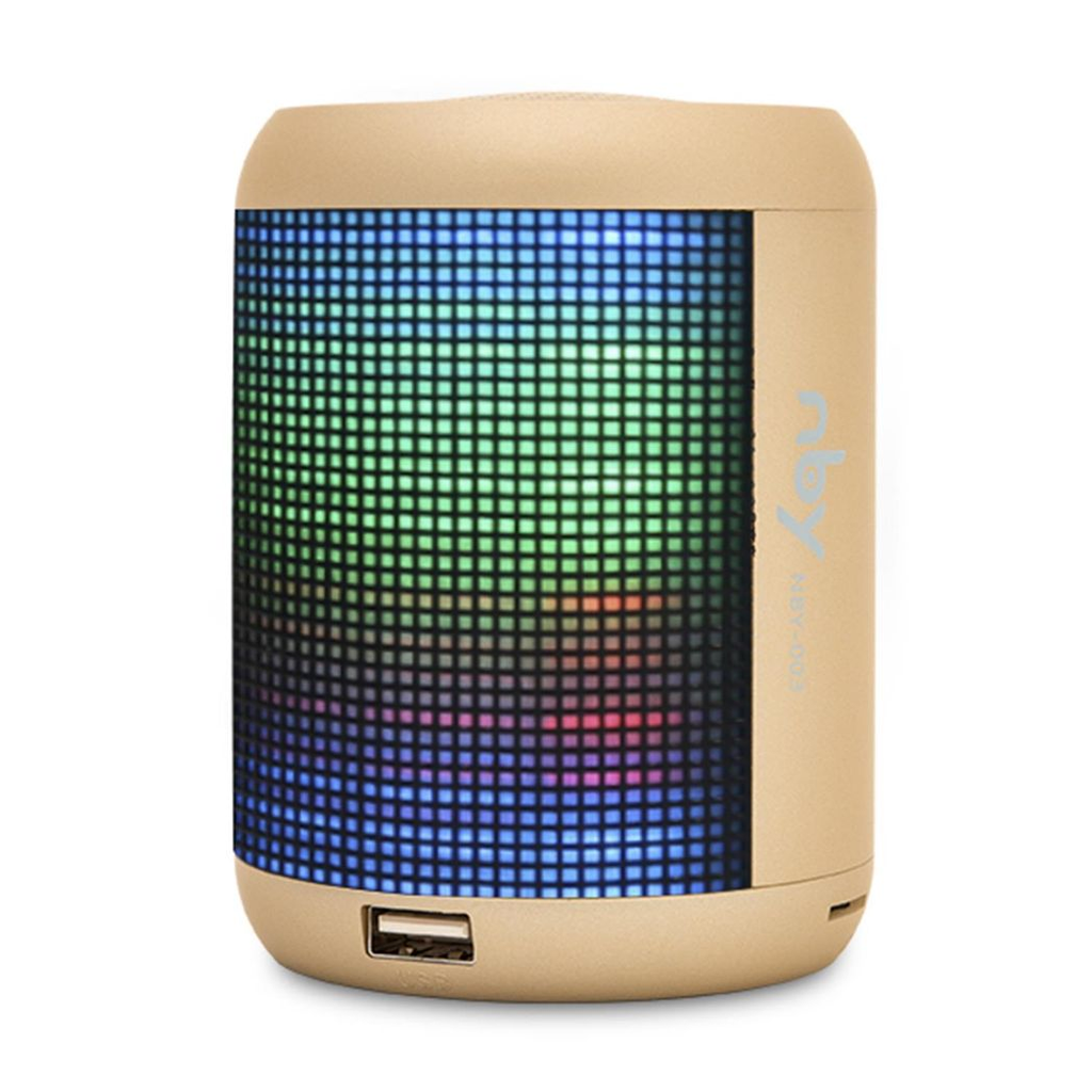 Gold NBY Bluetooth speaker with sound-activated LED lights and a dancing water fountain feature.