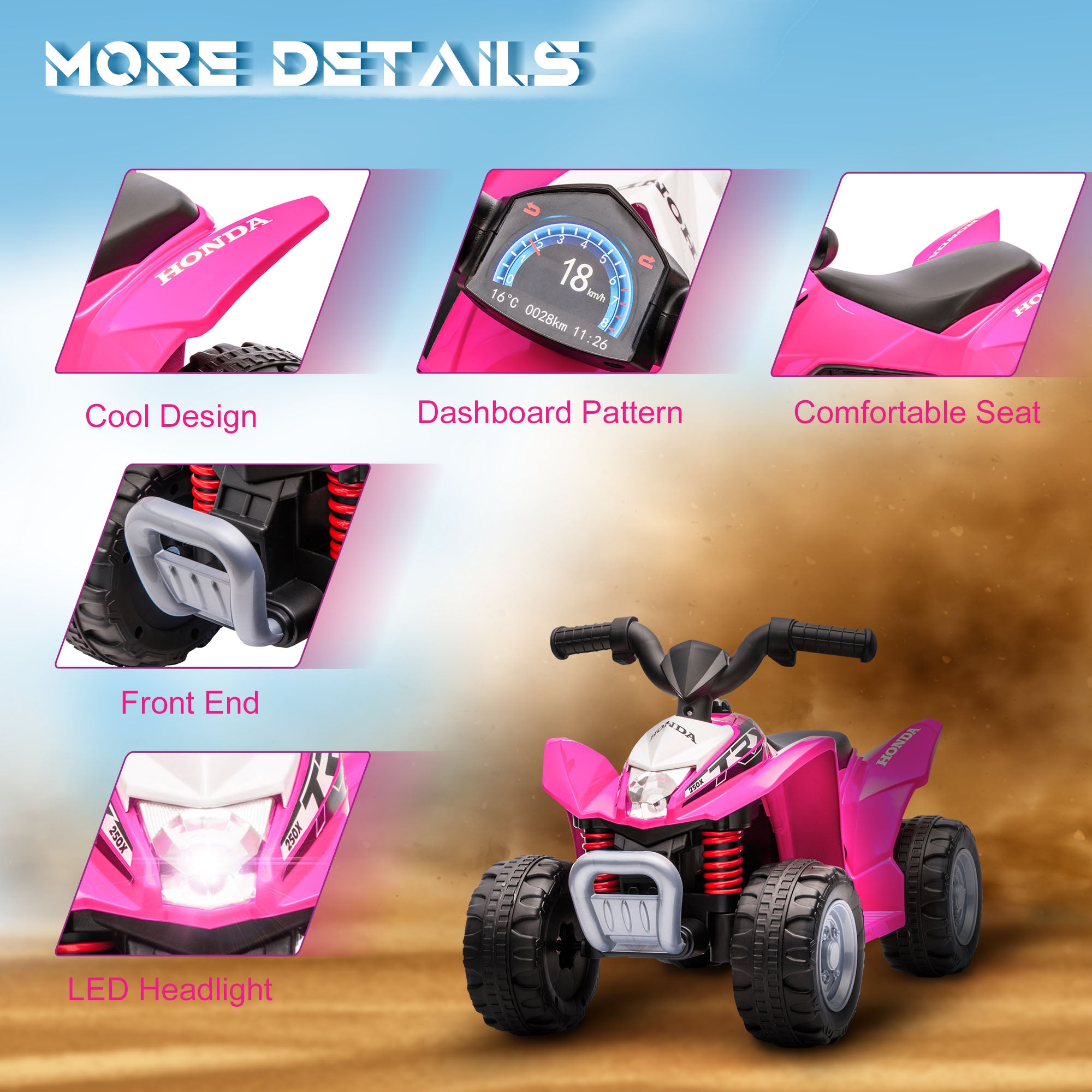 HOMCOM pink Honda licensed kids electric quad bike ATV for ages 1.5-3 years, featuring a sturdy design and playful style.