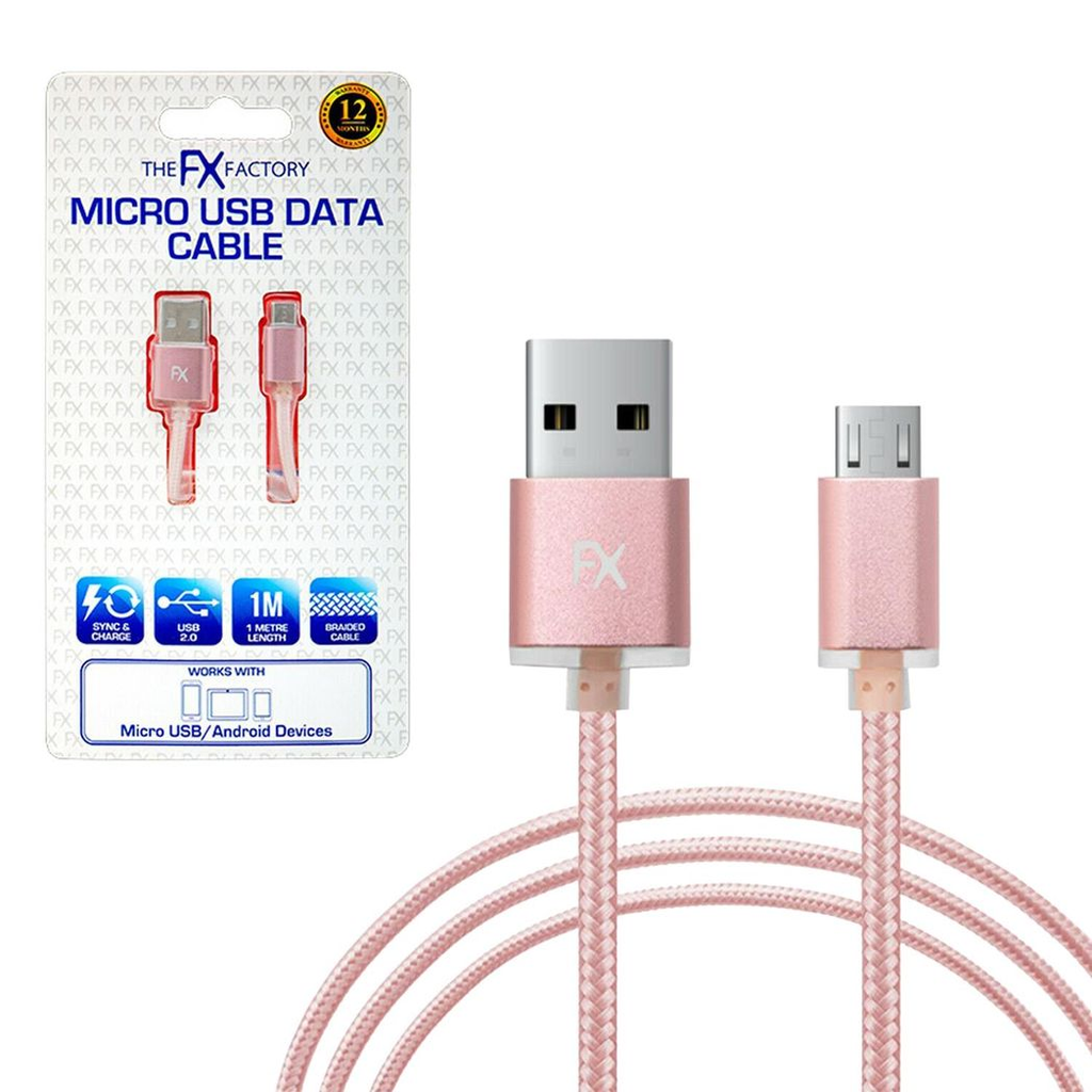Rose gold braided Micro USB data cable by FX, showcasing its textured design and sturdy connectors.