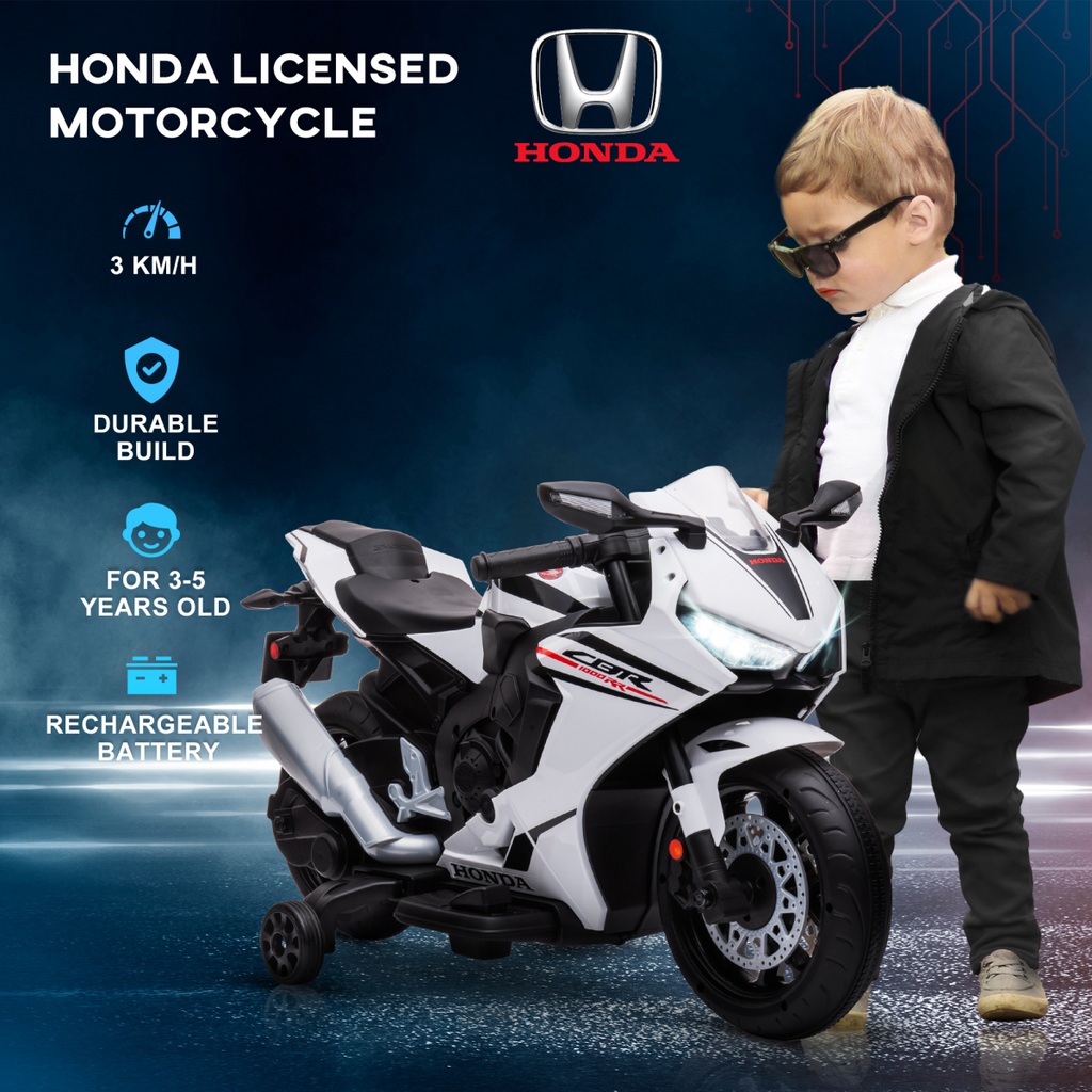 Licensed Honda 6V electric motorbike for kids, featuring training wheels, designed for ages 3-5 in vibrant colors.