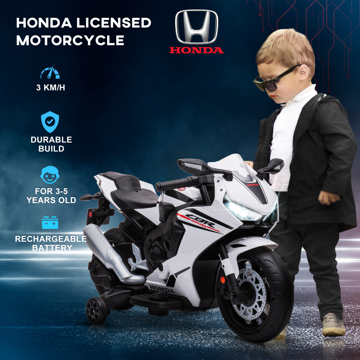 Licensed Honda 6V electric motorbike for kids, featuring training wheels, designed for ages 3-5 in vibrant colors.
