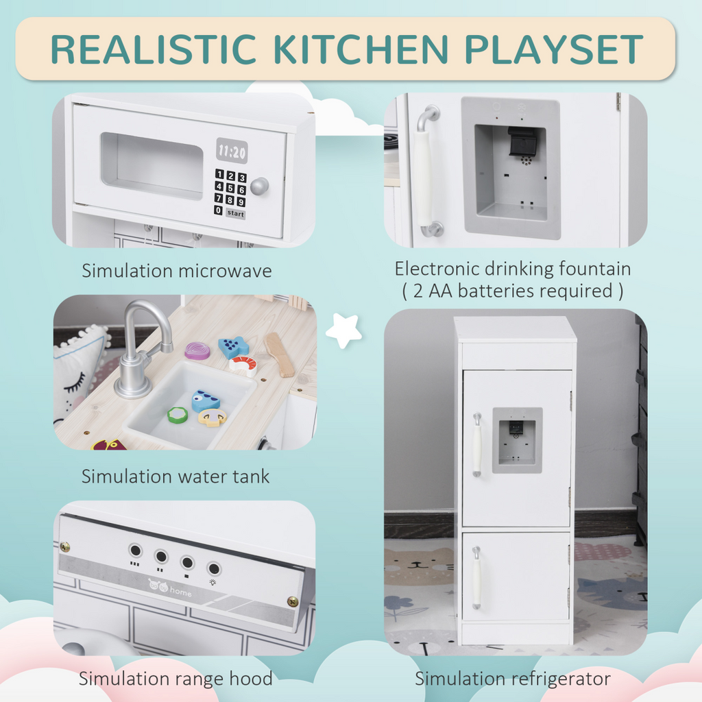 Kids white kitchen play set with drinking fountain by HOMCOM, featuring realistic design and child-friendly accessories.