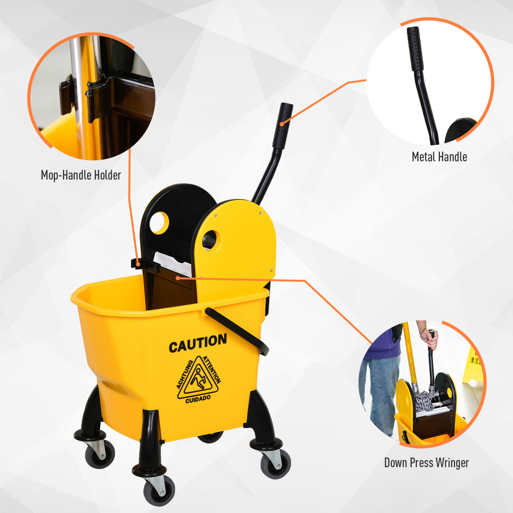HOMCOM yellow 26L mop bucket with water wringer and four wheels, made of durable plastic for easy cleaning.