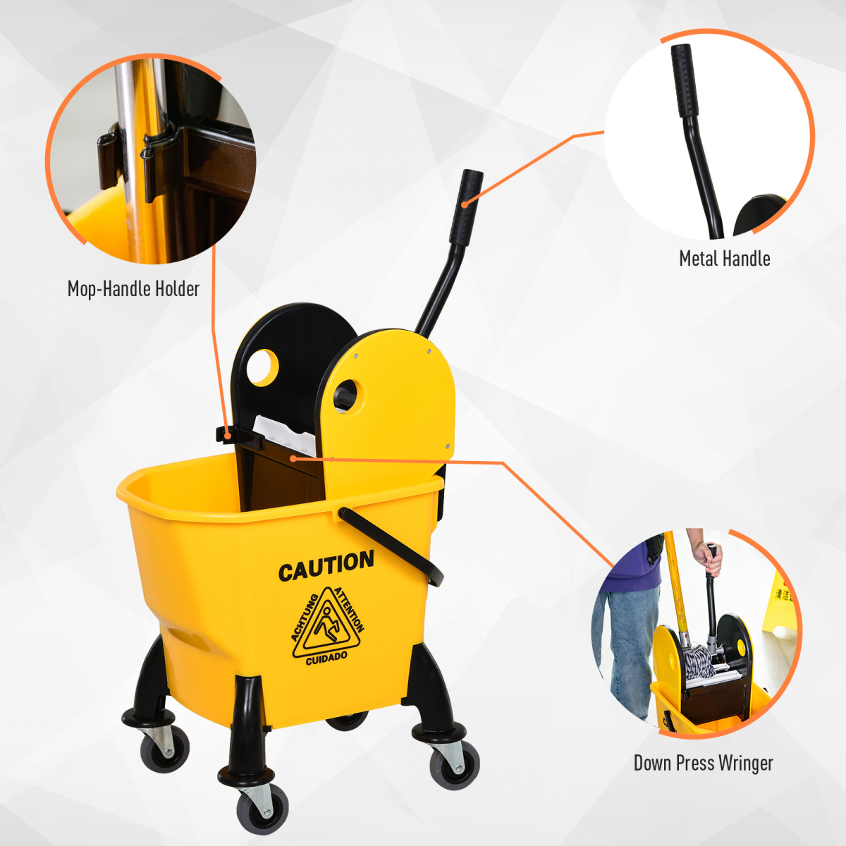 HOMCOM yellow 26L mop bucket with water wringer and four wheels, made of durable plastic for easy cleaning.