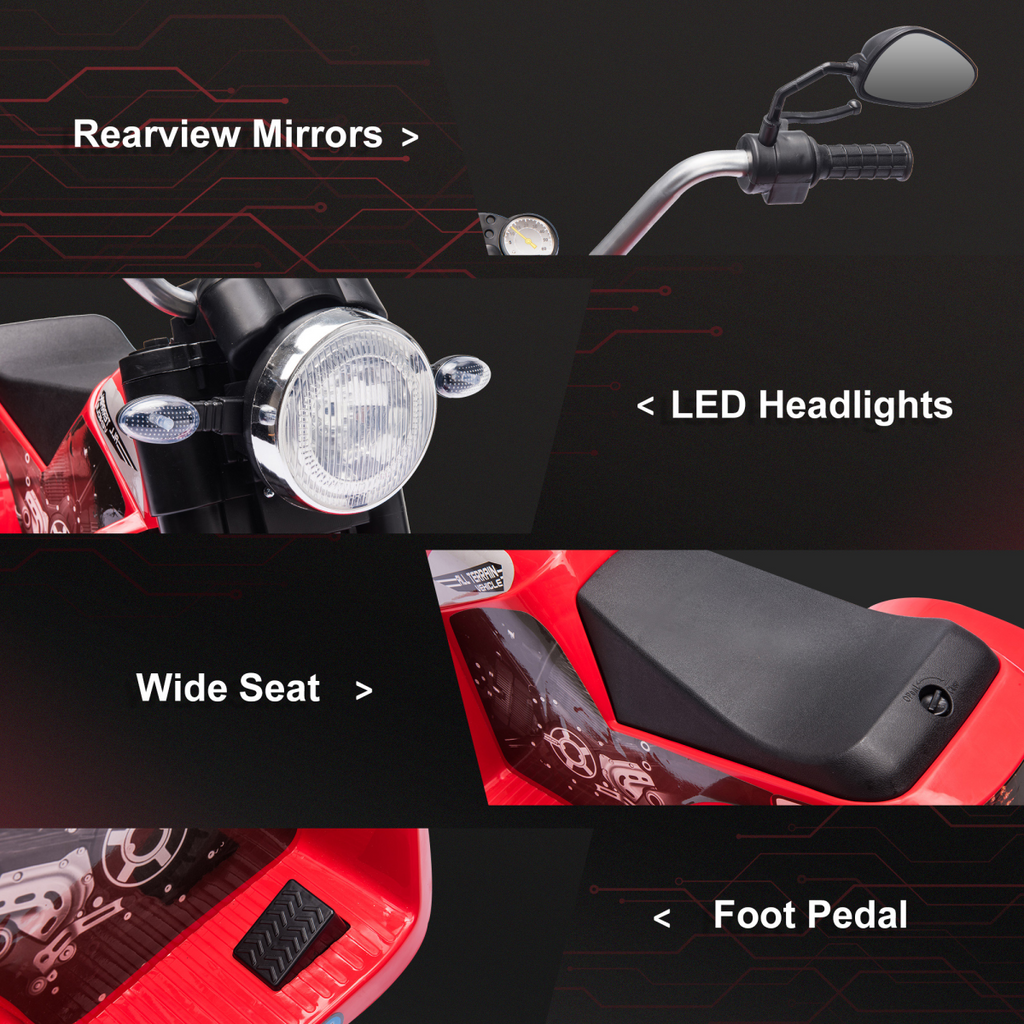 Red 6V electric motorcycle ride-on toy for toddlers aged 18-36 months by FunZone, featuring a sleek design and sturdy wheels.