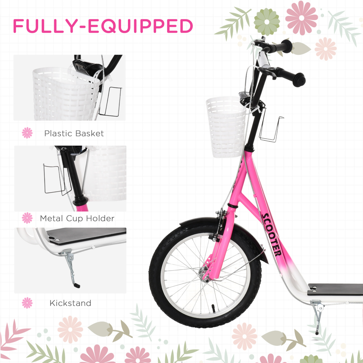 Kids FunZone kick scooter with basket, cup holder, and dual brakes, adjustable for ages 5-12, shown in vibrant colors.