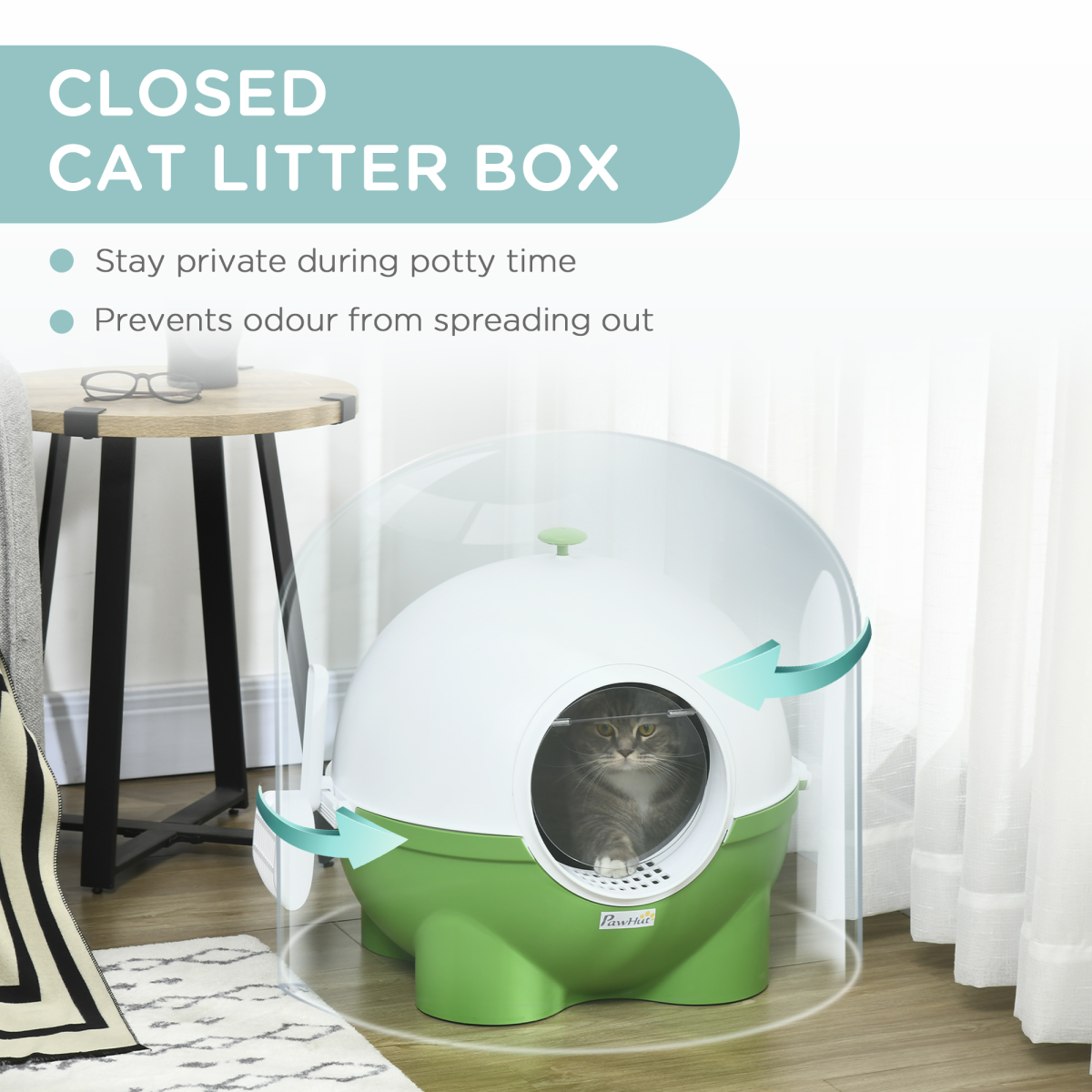 Large Cat Litter Box, Hooded Cat Litter Tray w/ Scoop, 53 x 51 x 48cm - Green