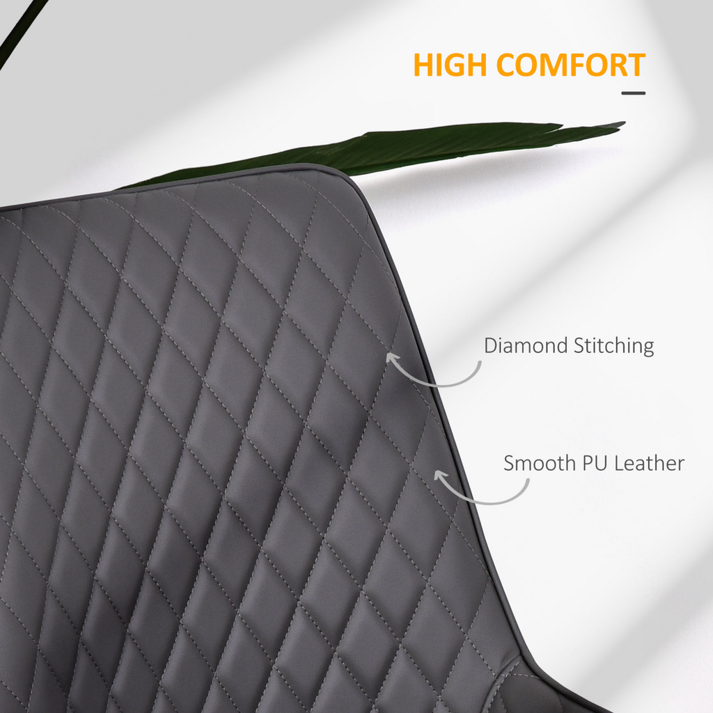 Set of 2 grey quilted PU leather dining chairs with metal frame by HOMCOM, showcasing modern design and comfort.
