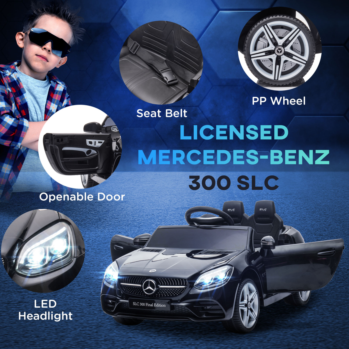 Black HOMCOM FunZone 12V kids electric ride-on car with remote control and music feature, showcasing its sleek design.