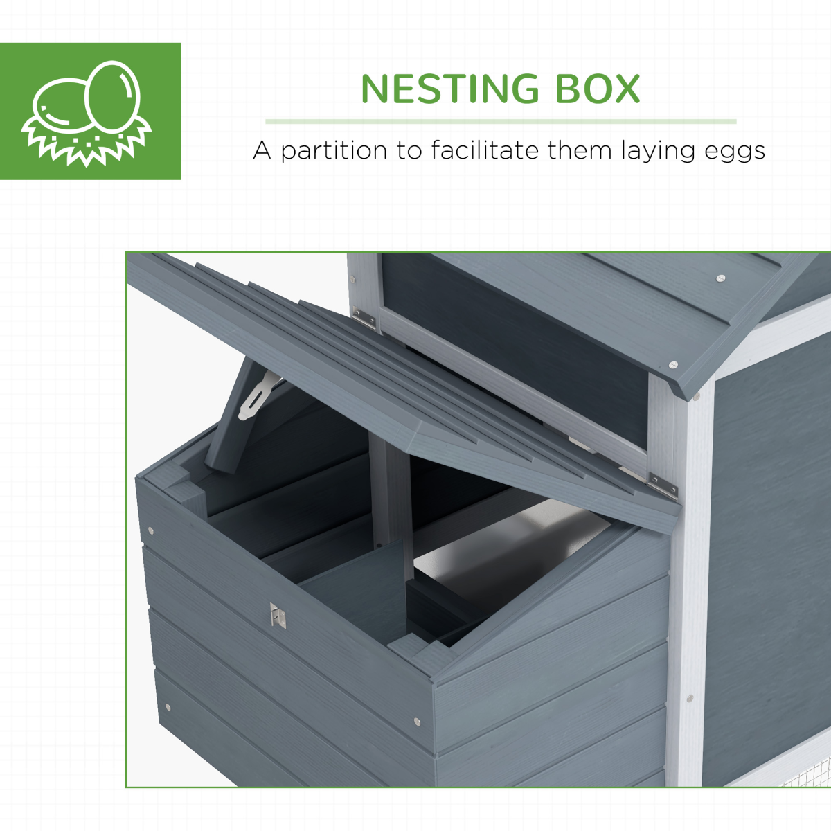 Small grey chicken coop with nesting box and outdoor run, designed by Pawhut, measuring 150.5 x 54 x 87 cm.