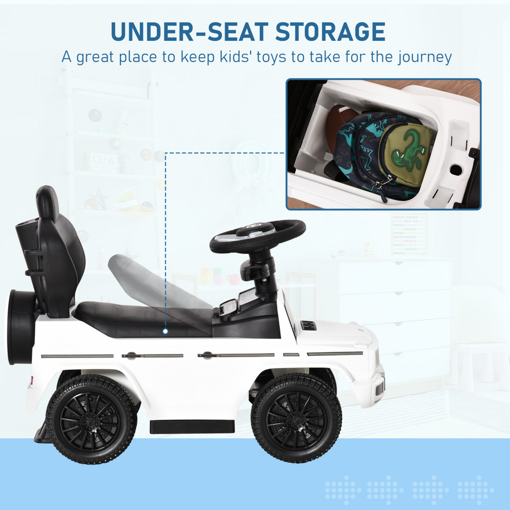 White Licensed Mercedes Benz G350 ride-on push car with sun canopy for toddlers aged 12-36 months by FunZone.