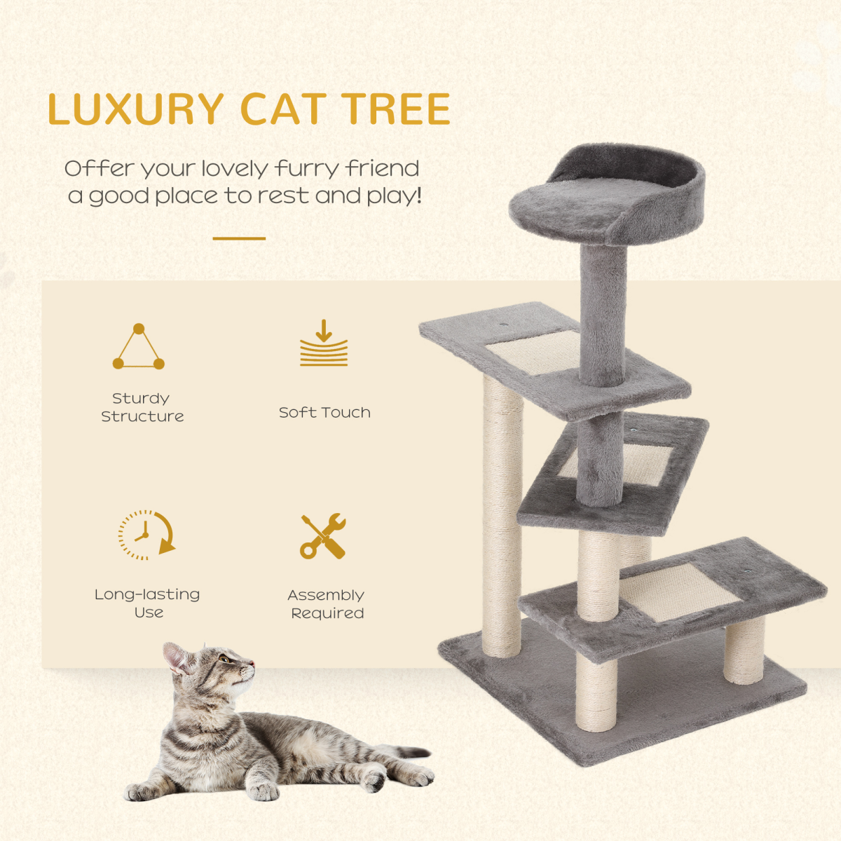 Plush Cat Tree Activity Center with scratching post and climbing tower for kittens by Pawhut.