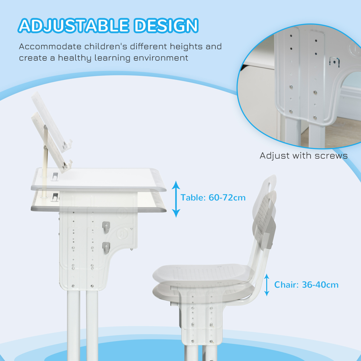 Kids adjustable height desk and chair set in grey with book stand, suitable for ages 6-12 by FunZone.