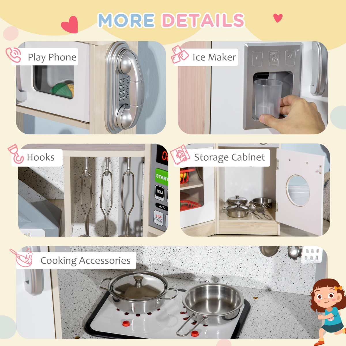 FunZone HOMCOM corner kids kitchen featuring sound, light, phone, microwave, oven, and range hood in a colorful design.