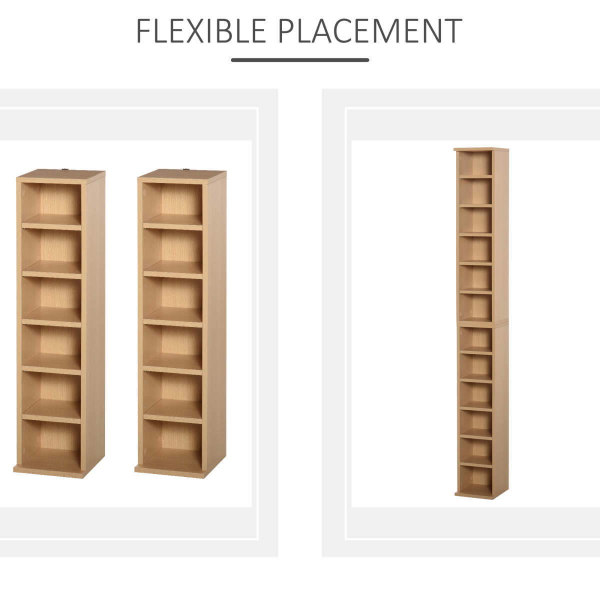 Wood CD storage towers set of 2 with adjustable shelves, holding up to 204 CDs, showcasing a natural wood finish.