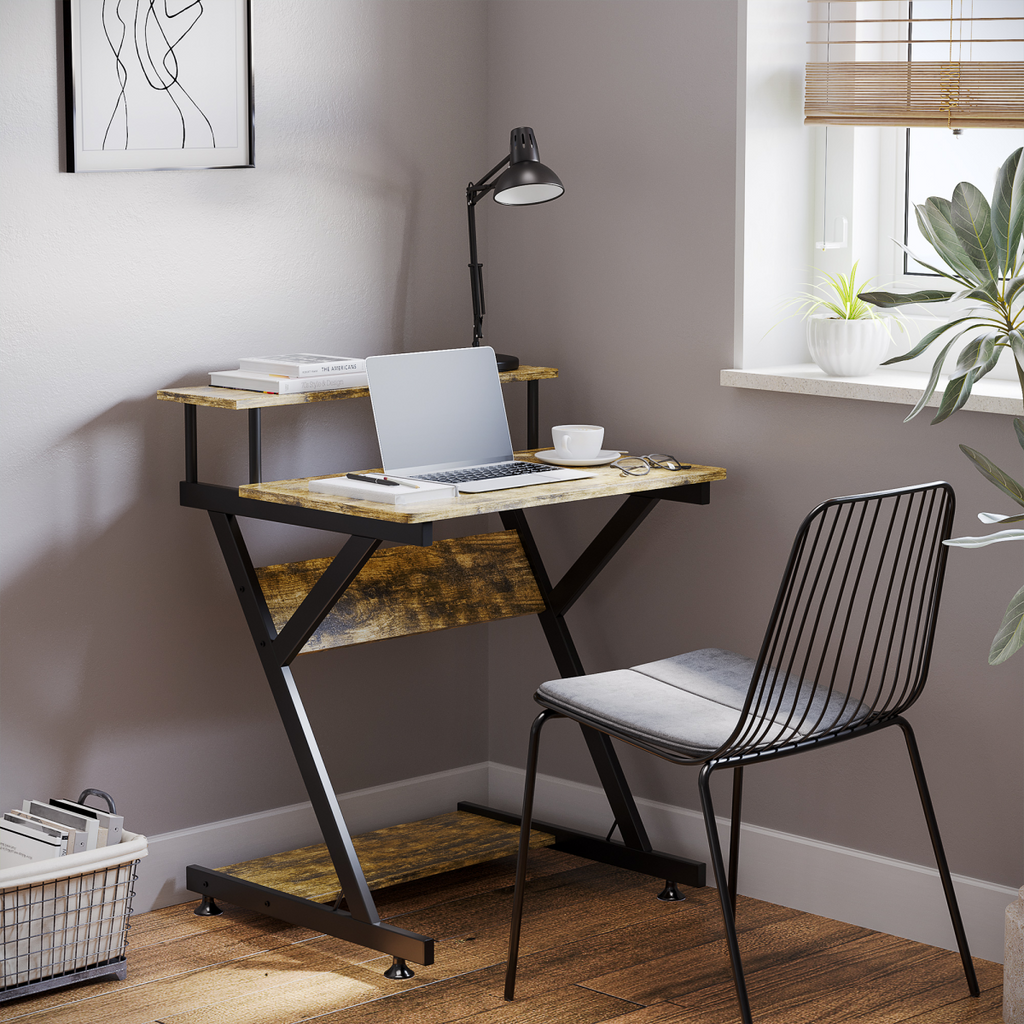 Computer Desk with Monitor Shelf and Storage, R Shaped Brown
