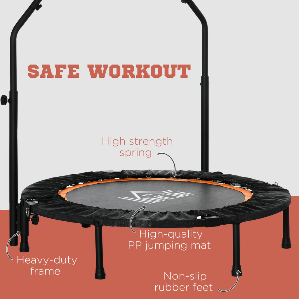 40" foldable mini fitness trampoline with adjustable foam handle, suitable for home workouts and easy storage.