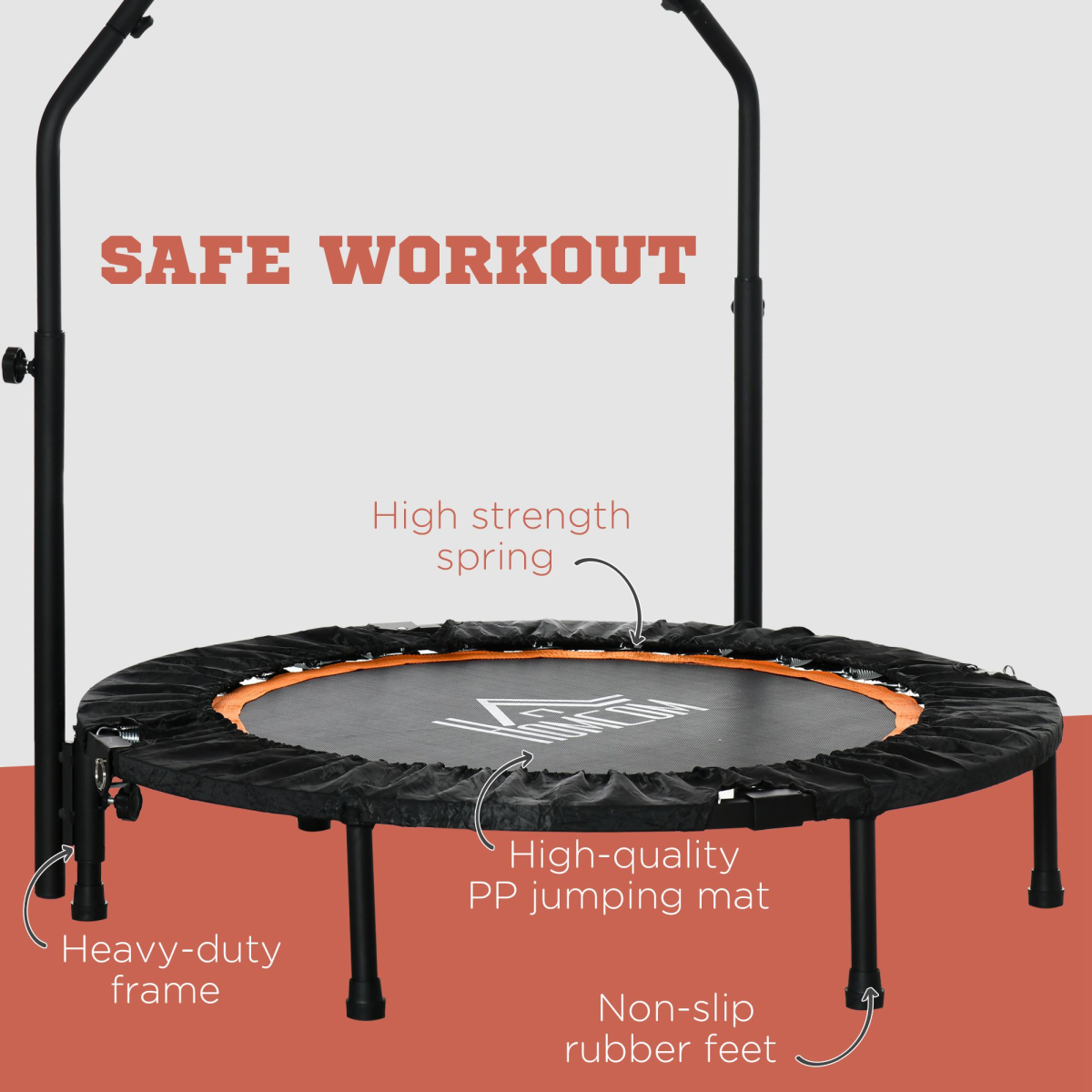40" foldable mini fitness trampoline with adjustable foam handle, suitable for home workouts and easy storage.