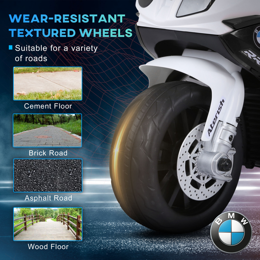Black BMW licensed electric kids ride-on motorcycle by HOMCOM with headlights and music features.