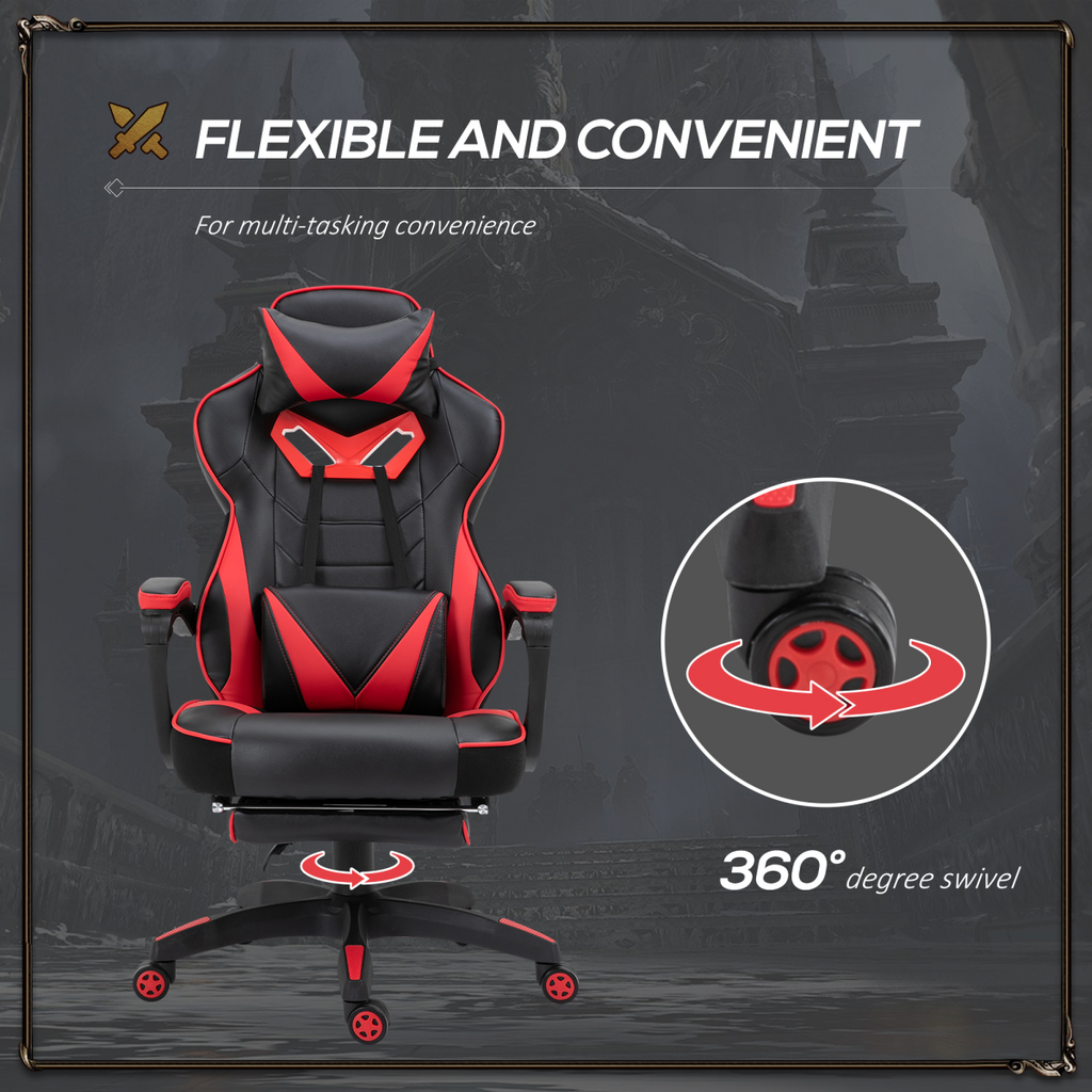 Red ergonomic gaming chair by HomeCraft with reclining feature and manual footrest, designed for comfort and support.