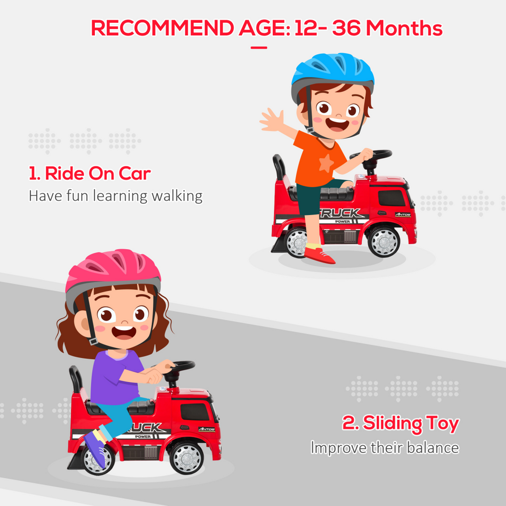 Red HOMCOM 3-in-1 Ride On Car for kids, featuring a Mercedes truck design and storage for ages 12 to 36 months.