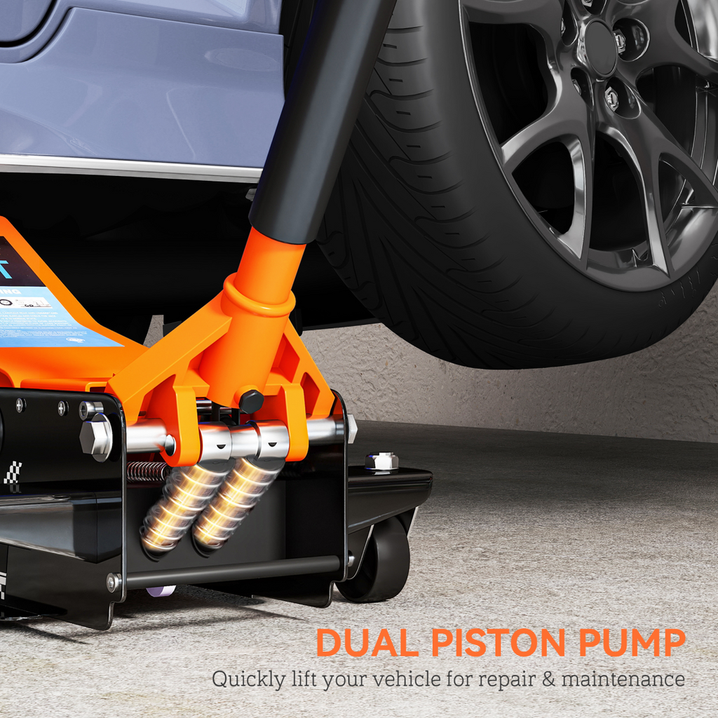 AutoPro car jack positioned under a vehicle, showcasing its sturdy design and lifting mechanism for automotive repairs.