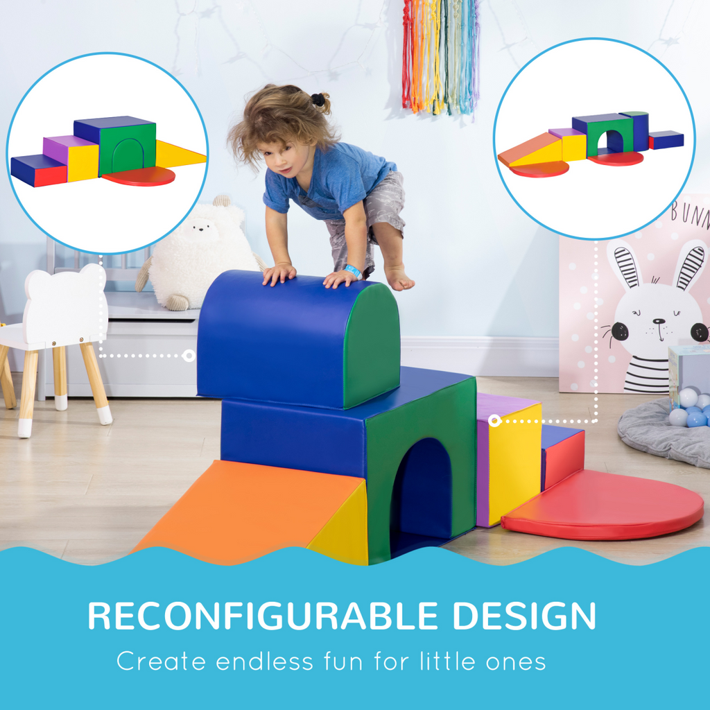 Colorful 7-piece foam soft play set for toddlers, featuring climbers and play structures for ages 12-36 months.